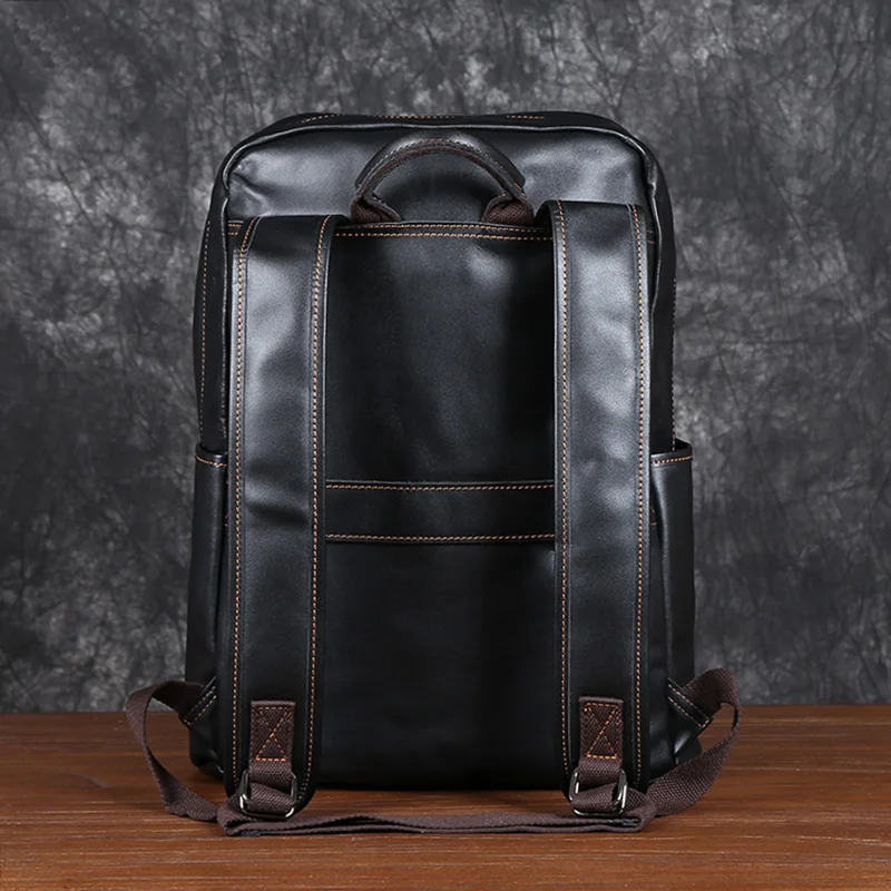 Men's Leather Double Shoulder Baothead Layer Cowhide Backpack Large Capacity Travel Bag Leisure School Bag Simple Computer Bag 2