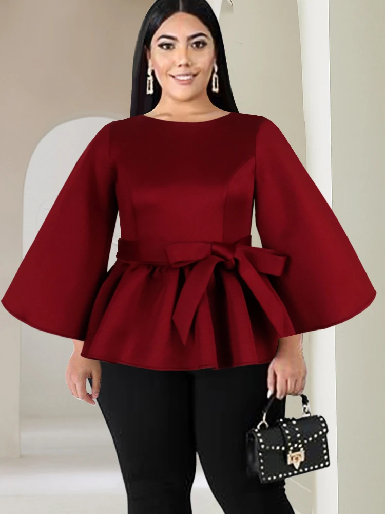 de manga larga con Peplum para mujer, blusas de talla grande con cuello redondo, blusa de oficina para mujer 3XL con cinturón, envío directo, otoño 2022 - AliExpress Ropa de mujer