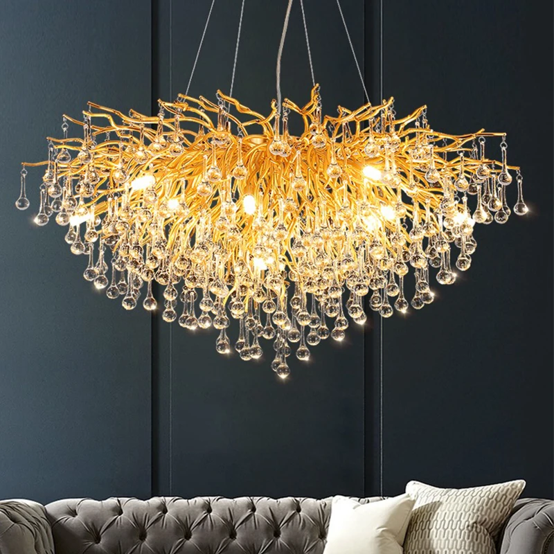 

Modern Water Drop K9 Crystal Ceiling Chandelier Indoor LED Branch Decor Lighting Hotel Villa Lobby Pendant Hanging Lamp Fixtures