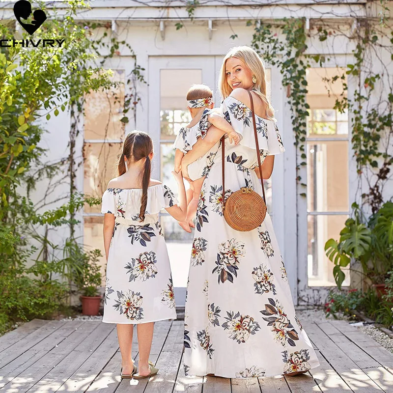 Mommy And Me Dresses Floral Print Stitching Maxi Dress Family
