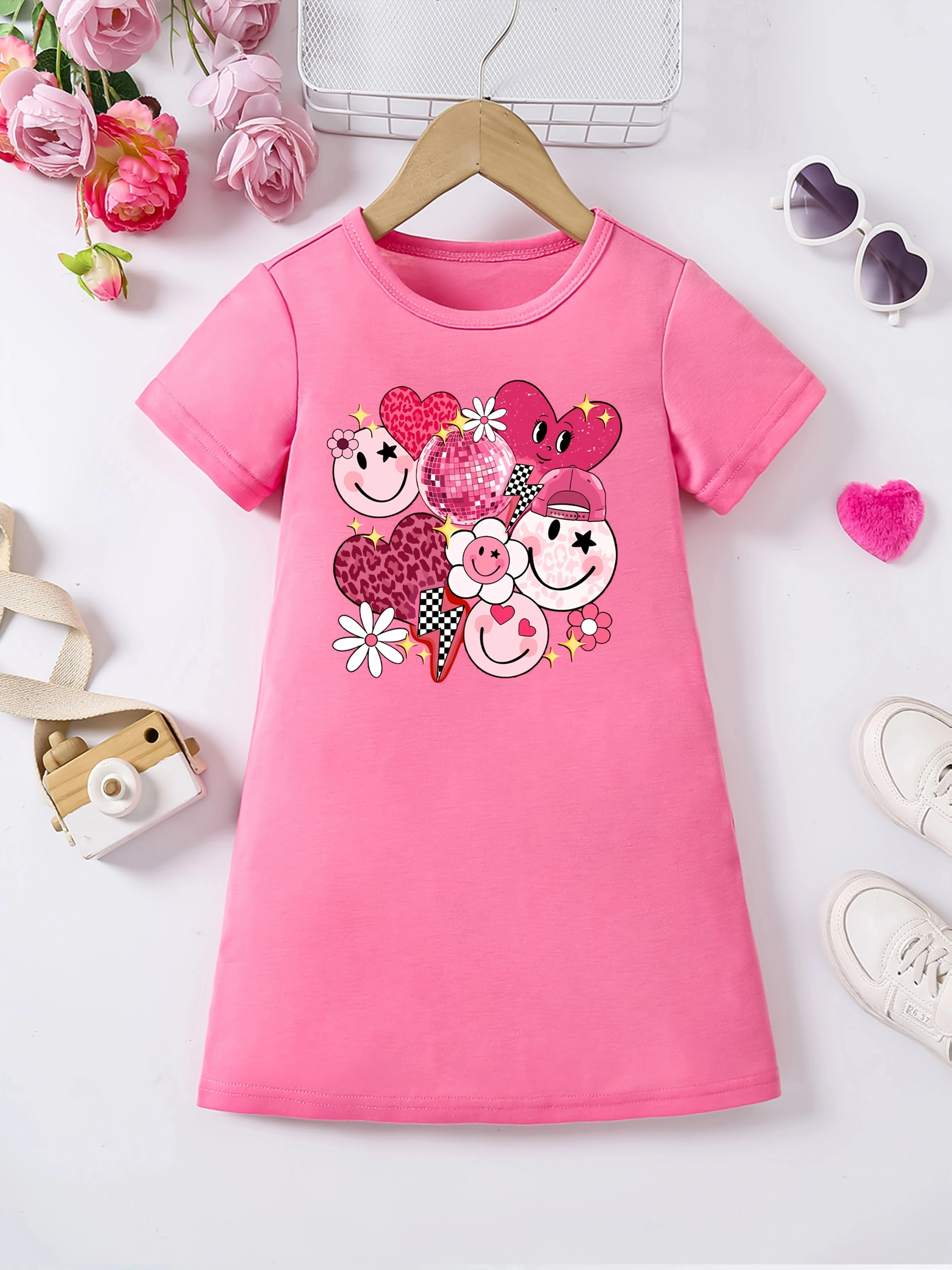 Cute summer fashion cartoon printed casual dress for girls soft breathable elastic polyester fiber blend dress