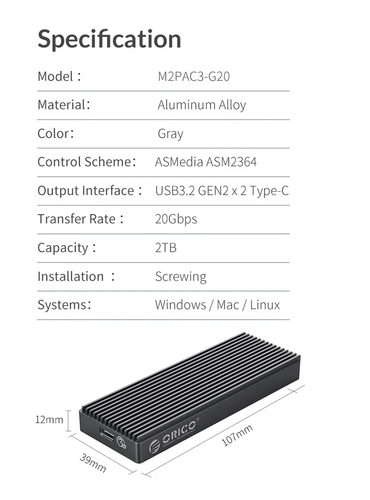 ORICO M2PAC3-G20 SSD 케이스 M.2 NVME M 키 M&B 키 솔리드 스테이트 드라이브 박스 타입 C USB 3.2 20Gbps 외장 하드 드라이브 인클로저
