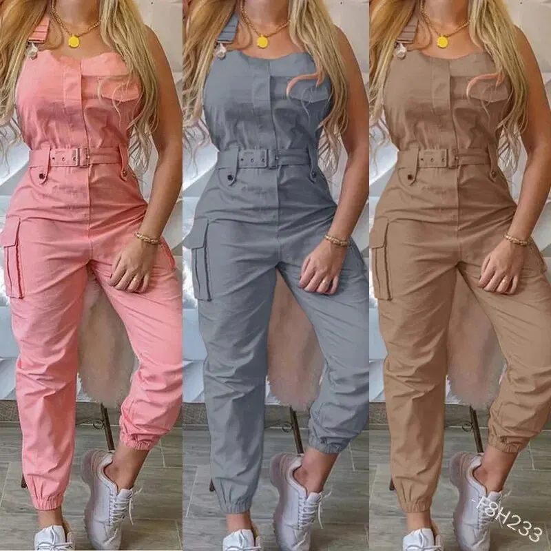 Jumpsuits Women Casual Cargo Playsuit Sleeveless O Neck Jumpsuit With Pocket and Belt Elegant Pencil Pants Loose Overalls