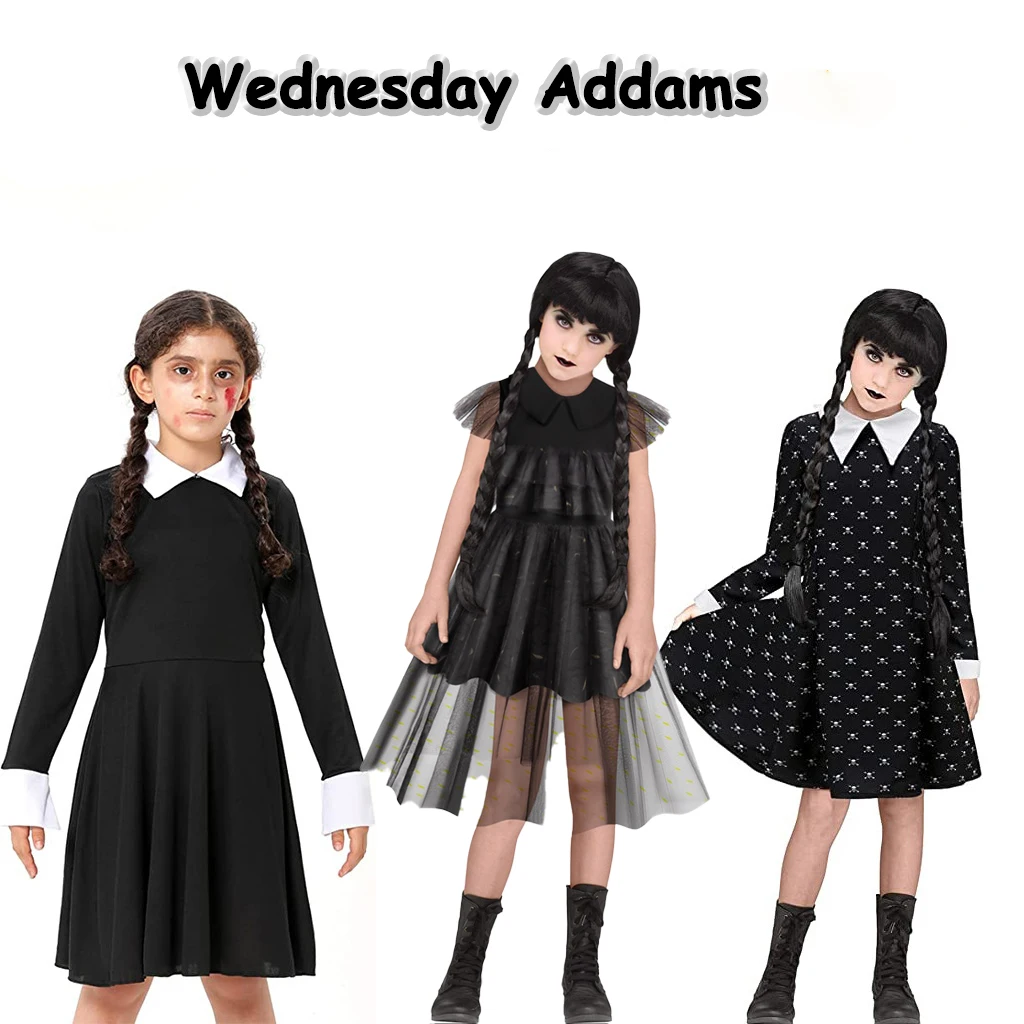 

Wednesday Addams Cosplay Costume Teenage Kids Carnival Party Black Gothic Dress Girls Vestidos Tulle Lace Princess Dresses 3-12Y