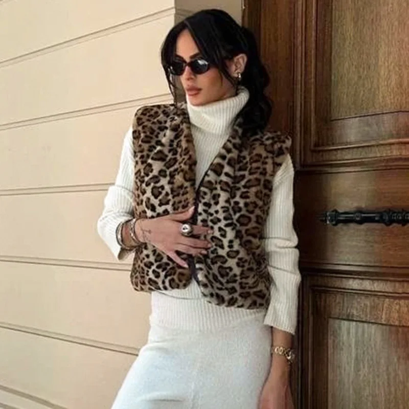 Leopard Printed V-Neck Vestidos Coat Female Contrast Printed Streetwear Cropped Top Loose Autumn Commute Outwear Cardigan