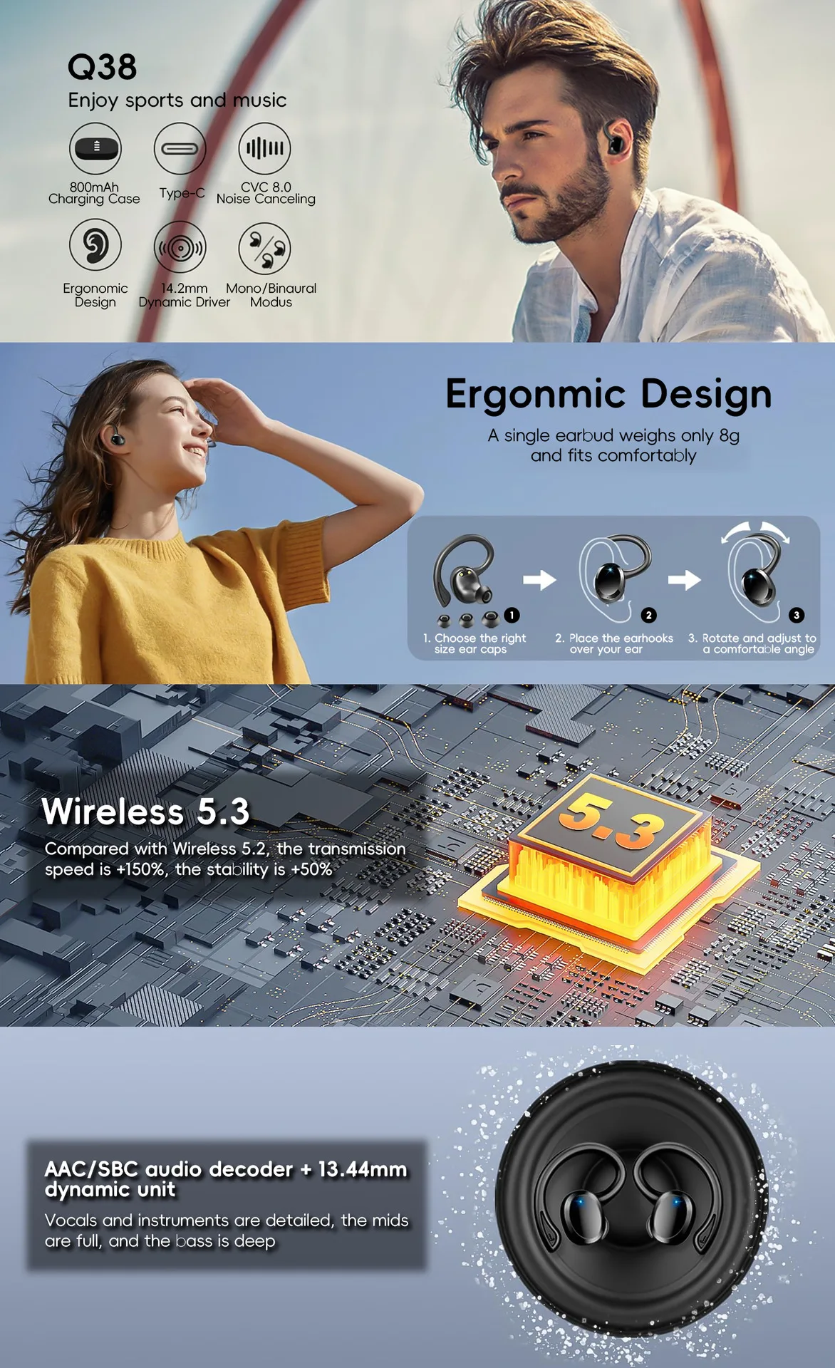 Cross-border foreign trade new Q38 ear mounted wireless smart 5.2 Bluetooth head