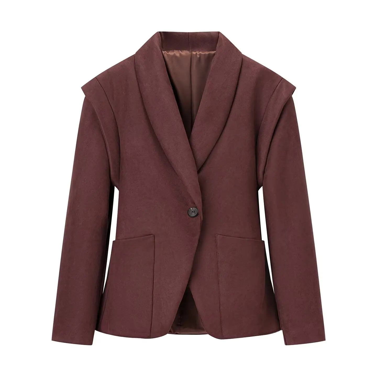 Women Maillard Style Shawl Collar Faux Suede Blazer Jacket Wide Shoulder One Button Elastic Back Slim Waist Autumn Winter Coat