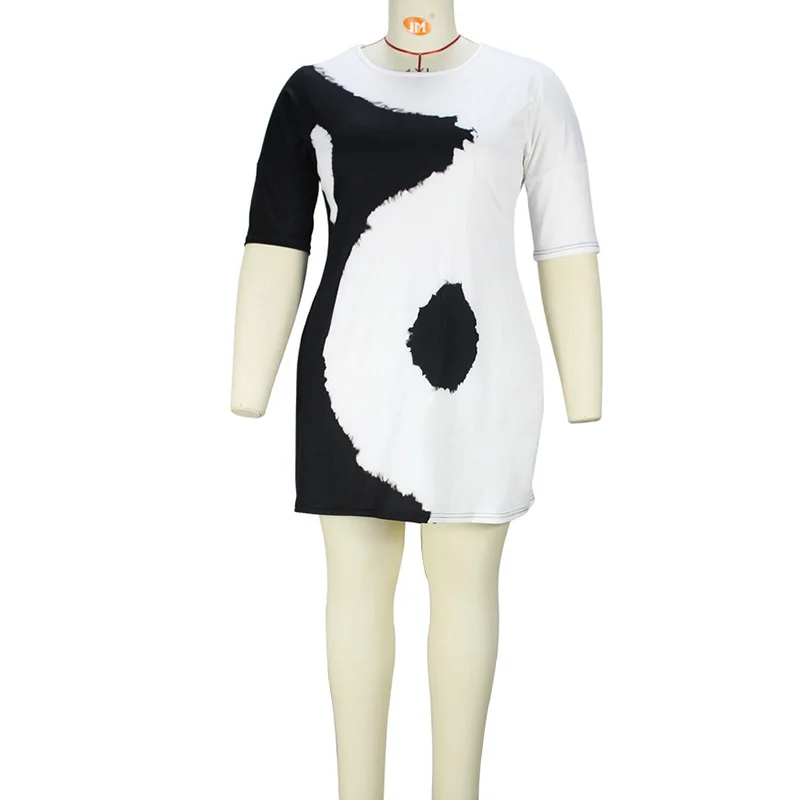 Plus Size Spring Summer Women's Clothing Tie Dye Printing Half Sleeve Higt Waist Skirt 2023 Elegant Round Neck Knee Length Dress