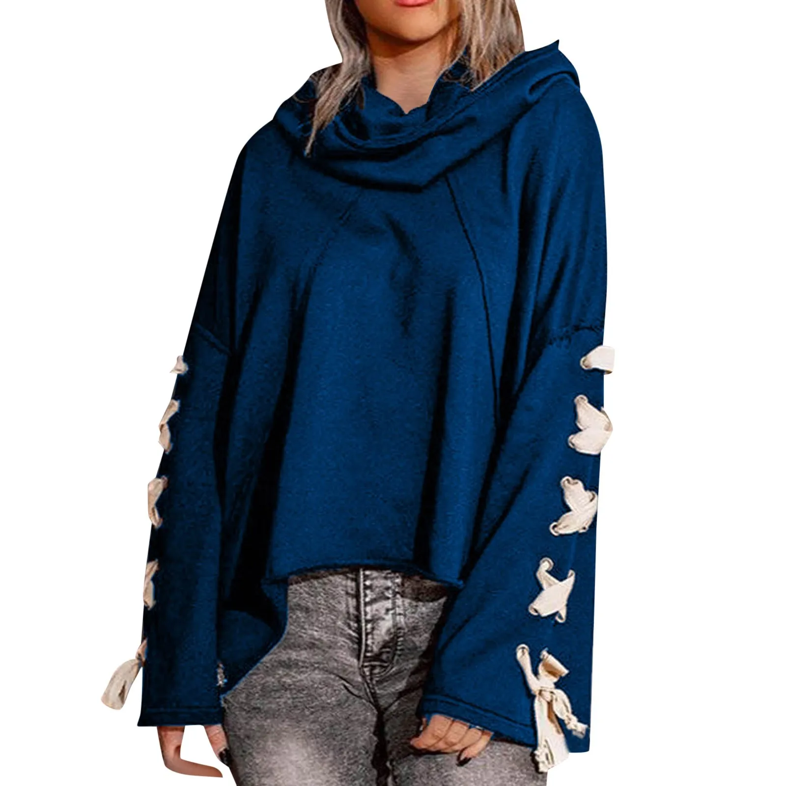 

Women's Designed Strap Oversized Hooded Pile Collar Fleece Sweatshirt Quarter Zip Pullover Sweatshirt
