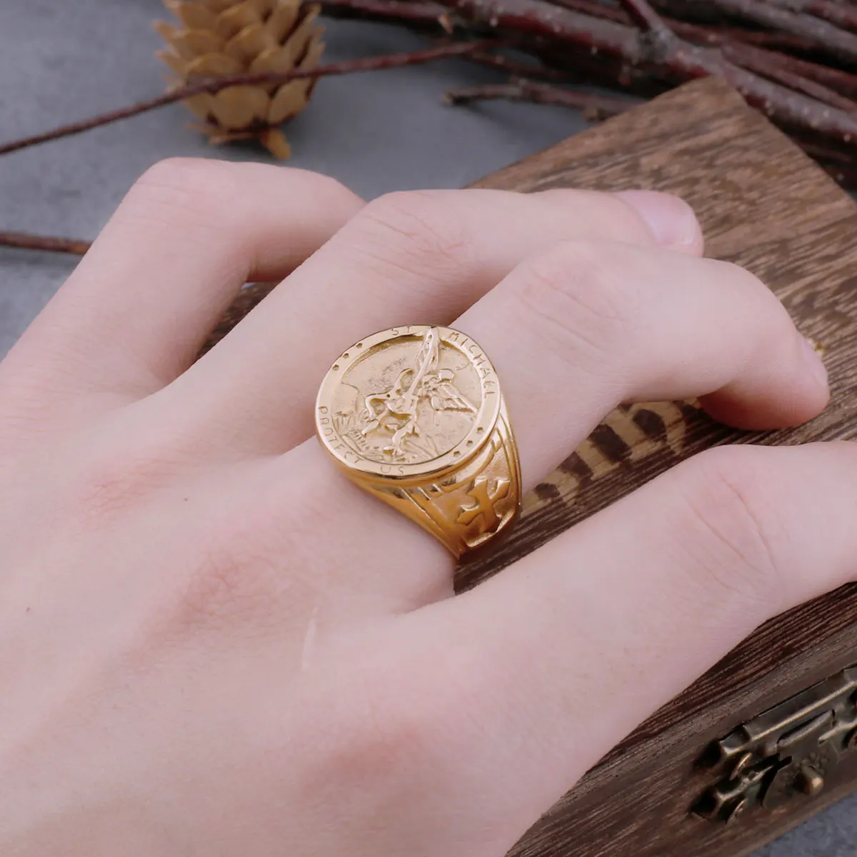 St Michael Sovereign Ring Mens Gold Mens Sovereign Rings