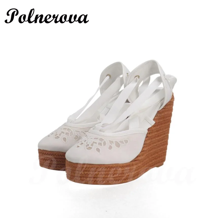 Blue White Flower Print Graffiti Espadrilles Wedge Sandals High Heels Platform Ankle Strap Wedge Sandals Round Toe Summer Shoes