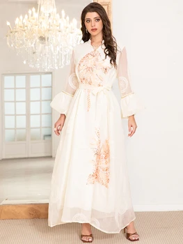 Elegant High Neck Arab Thobe Dress with Polka Dot Jacquard Embroidery & Lantern Sleeves, Modern Traditional Design 1