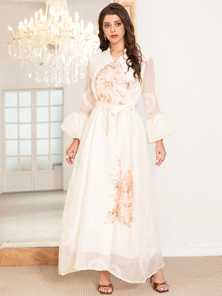 Elegant High Neck Arab Thobe Dress with Lantern Sleeves