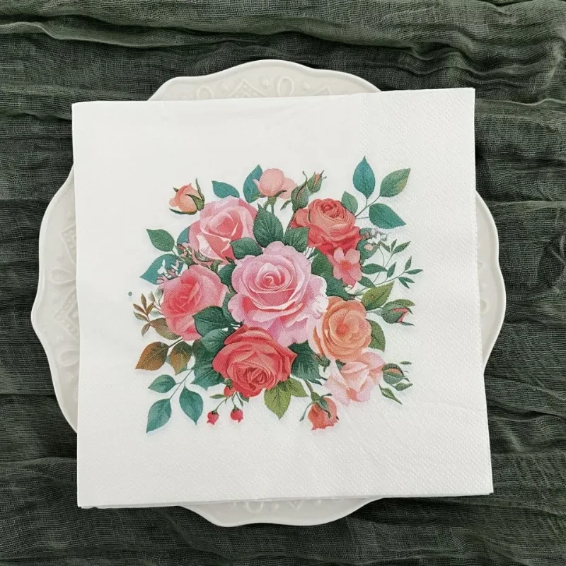 10/20pcs 33cm 2-Ply Rose Bouquet Napkins Wedding Hotel Printed Handkerchiefs Valentine's Day Confessions Decorative Napkins