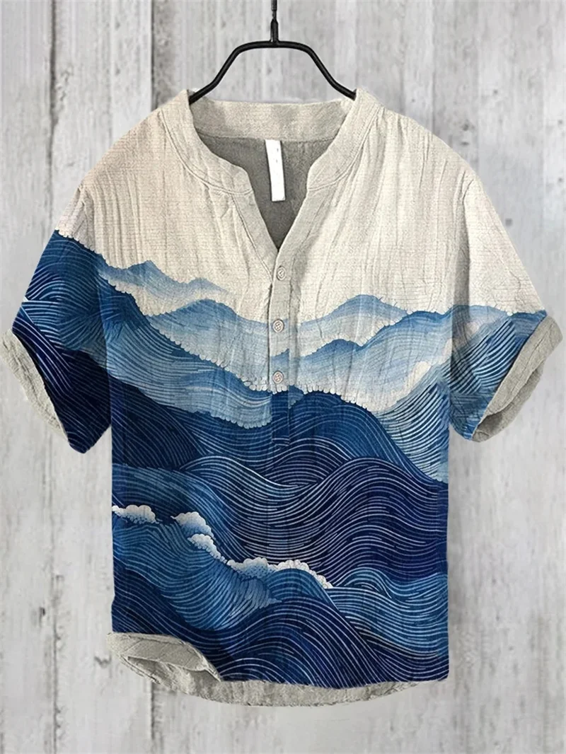 Casual short sleeved Hawaiian linen shirt with cat print Spring and summer