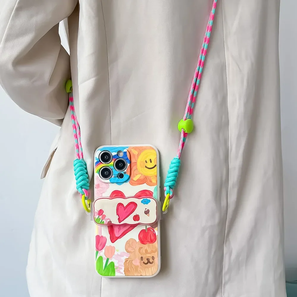 Cute Flower Love Heart Crossbody Phone Case with Back Clip Lanyard and Chain Strap
