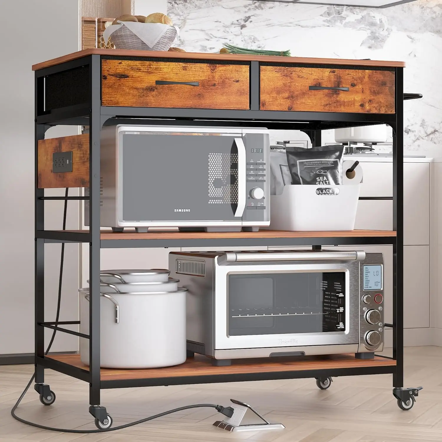 Island with Storage,Rolling Kitchen Island Cart with Power Outlet,Industrial Kitchen on Wheels,Kitchen Cart for Home,Outd