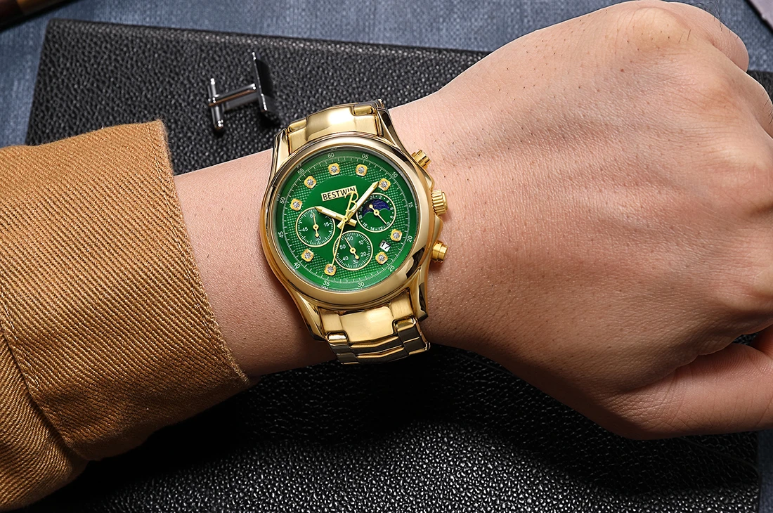 Luxury Men Watch Fashion Mens Quartz Wristwatch Classic Brand Gold Green Dial Diamond Reloj Steampunk Watches Business Man Clock
