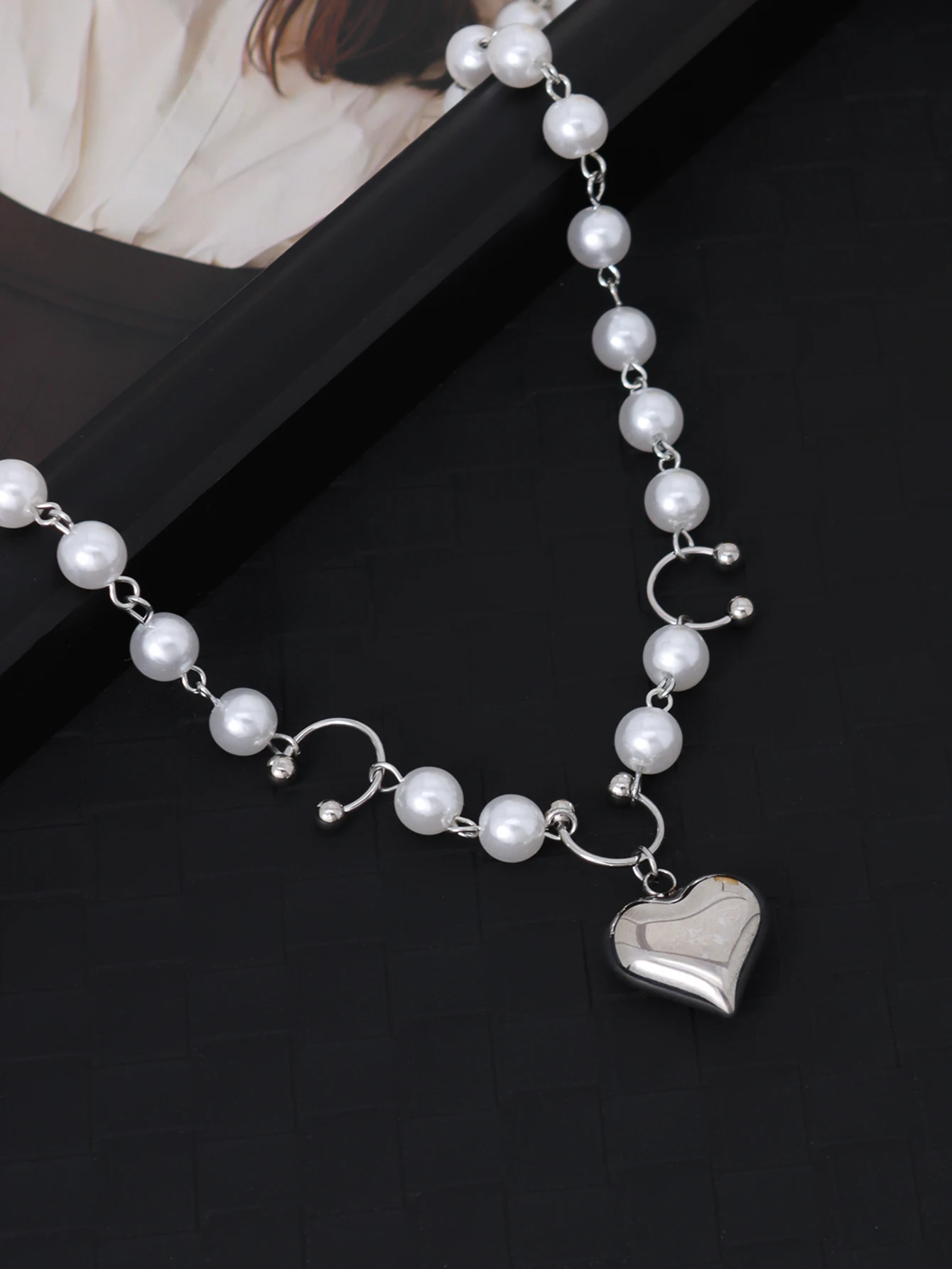 Womens Heart Charm Necklace with Pearl Accents