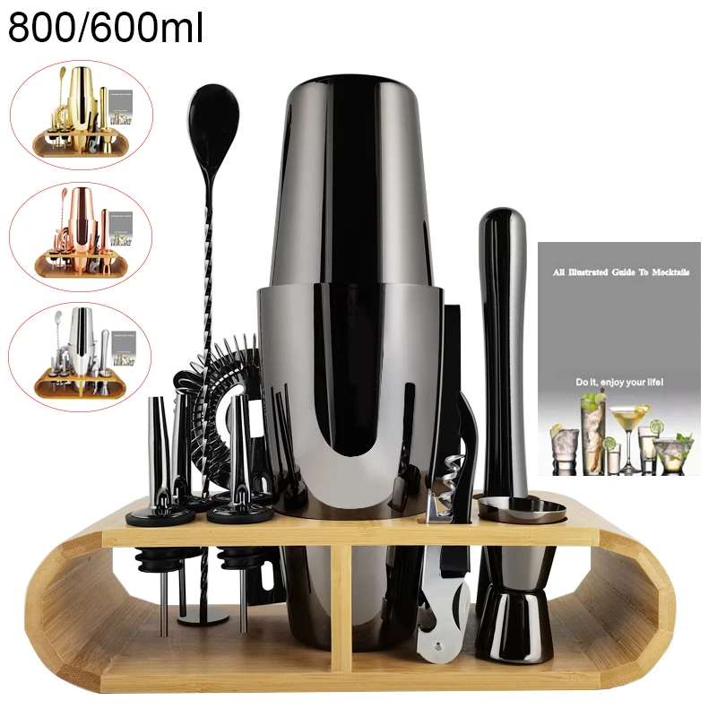 

12Piece Rose Gold/Black 550ml 600ml 750ml Cocktail Shaker Set Bar Tools Shakers Mixer Jigger Boston Bartending Kit with Stand