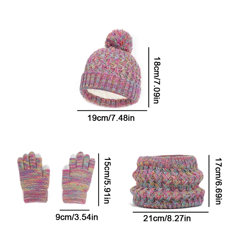 Childrens Hat Scarf Gloves Set Winter Boys Girls Plush Thick Knit Hat with Pompom Outdoor Cold-proof Cap Scarves Neck Kids Gift