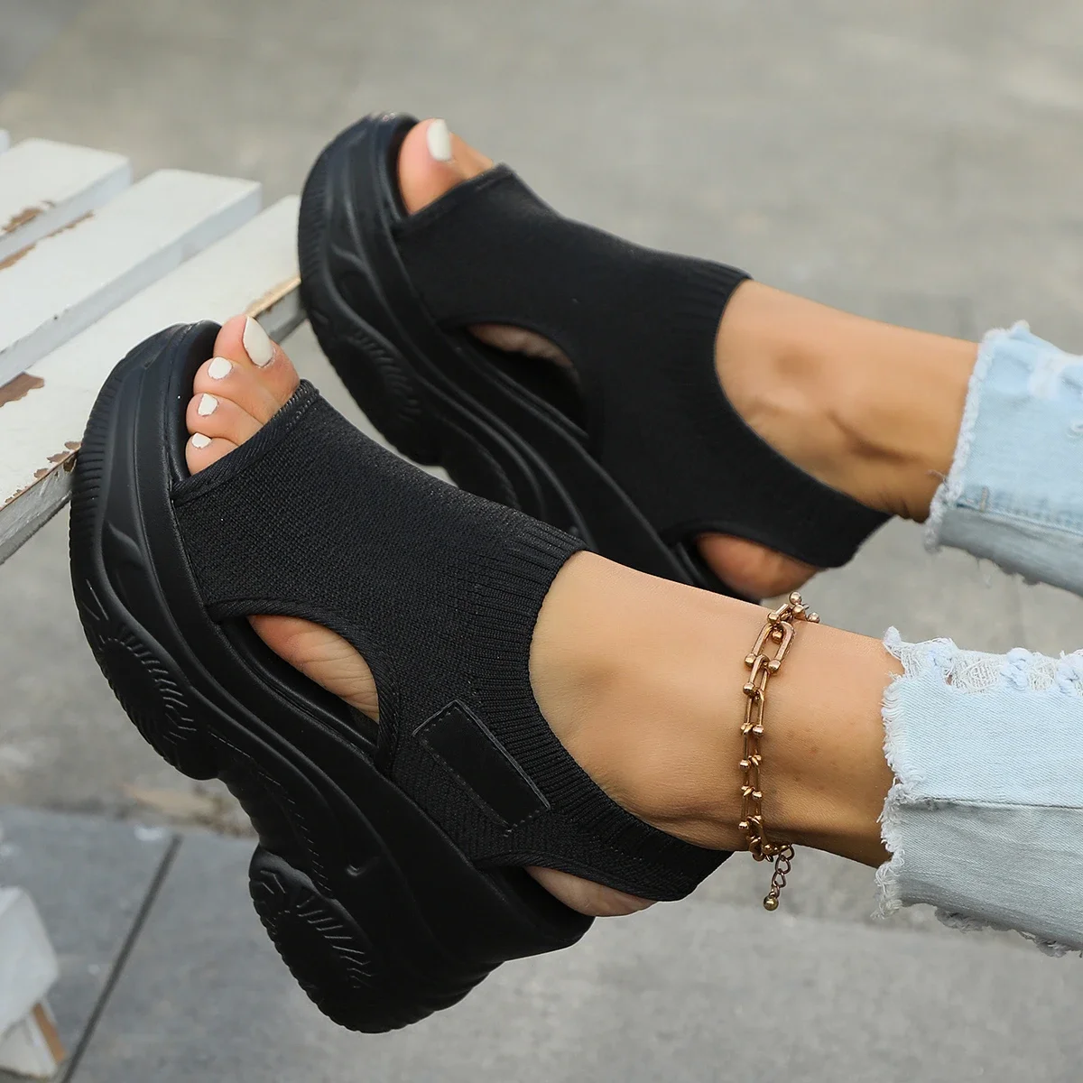 Women Wedges Sandals 2024 New Summer Elastic Sandals Cloth Cover Thick-soled Shoes for Women Fashion Casual Platform Sandals