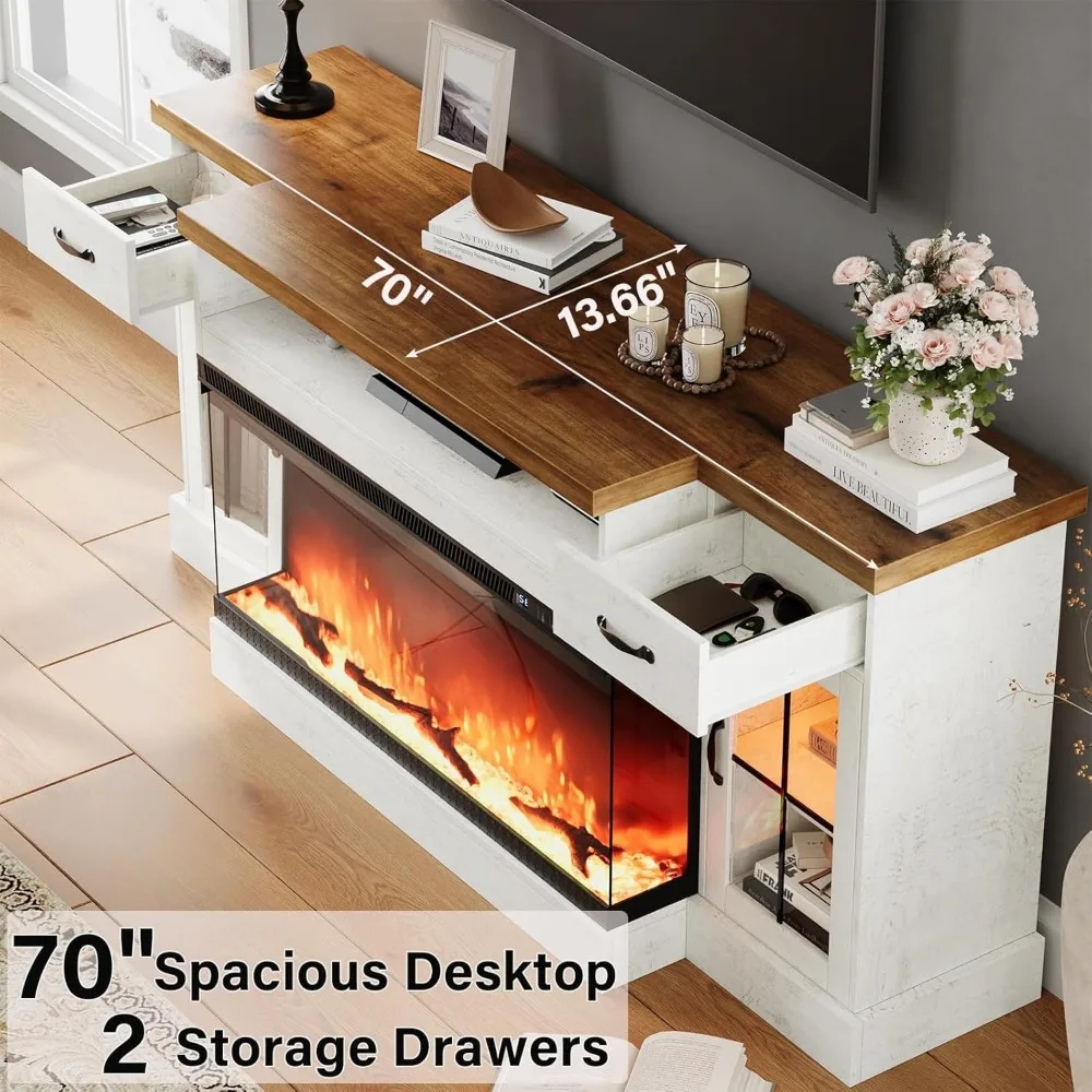Fireplace TV Stand with 40" Electric Fireplace for 80" TV, 70" Fireplace Center with Adjustable Storage Cabinets, 2 Drawers 5