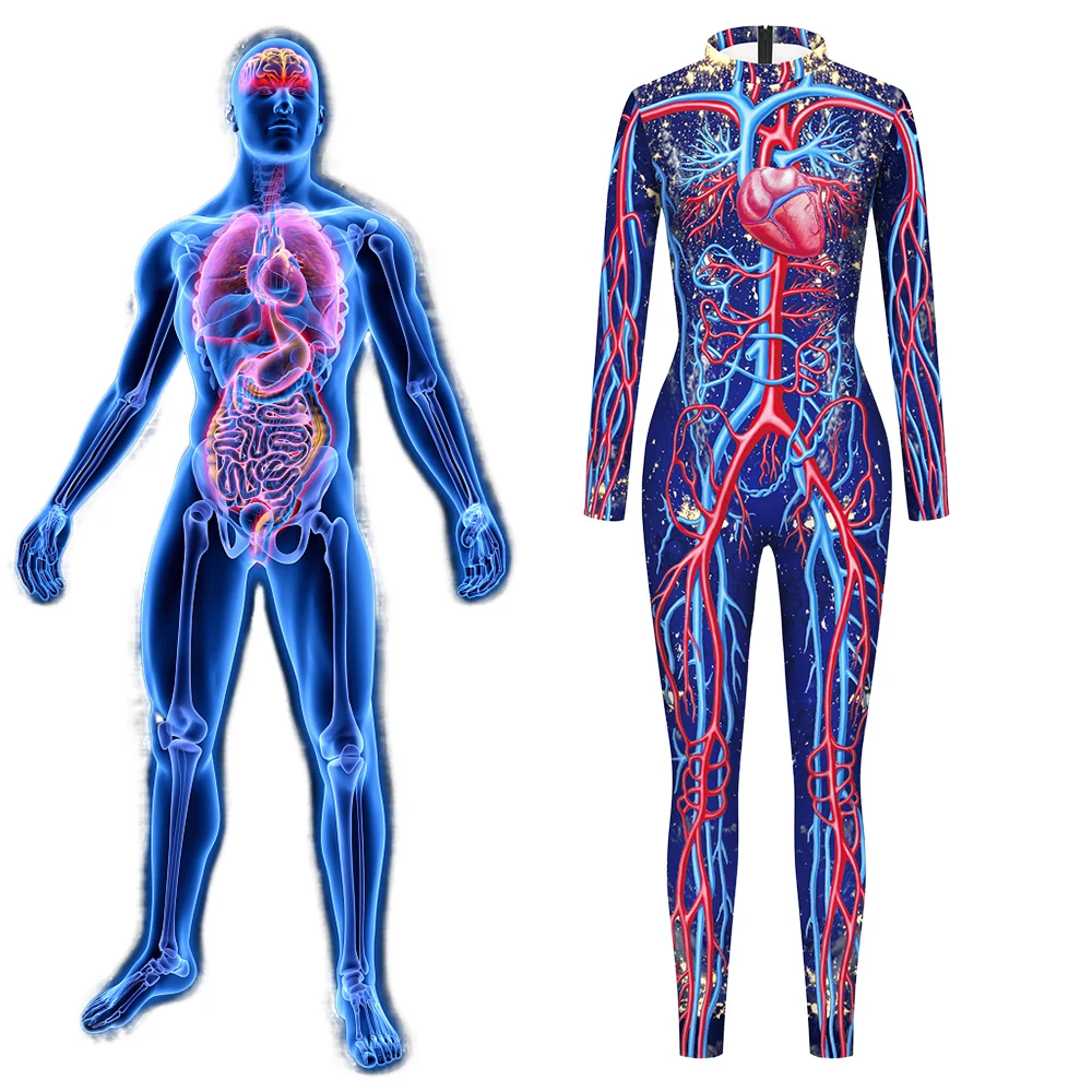Human Cardiac Vascular Jumpsuit Carnival Party Bodysuit Funny Catsuit Long Sleeve Jumpsuit Human Anatomy Pattern Cosplay Costume