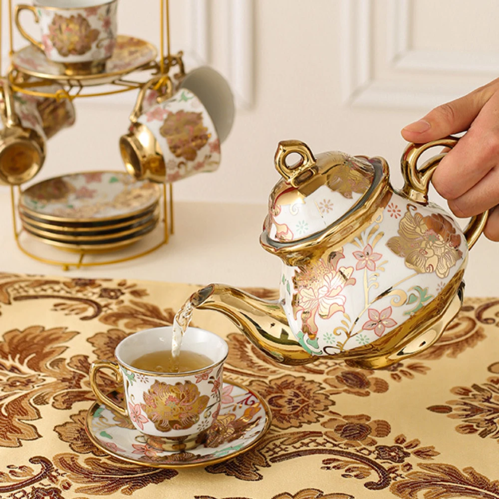 Porcelain Tea Set For 6 20 Pieces Cups Saucers With Metal Stand