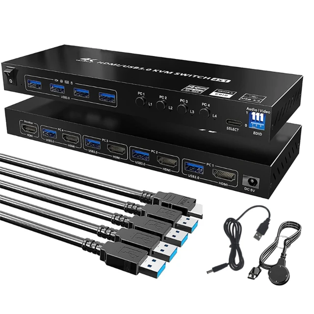 USB 3.0 KVM Switch HDMI 4 Port Support , USB Hub HDR EDID HDMI USB