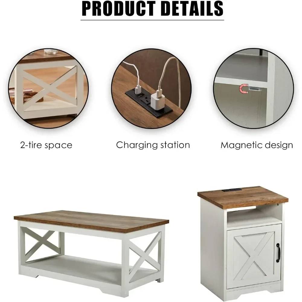 5-Piece Table Set includes Fireplace TV Stand, Coffee Table& Two End Tables with Charging Station and USB Ports,Distressed White