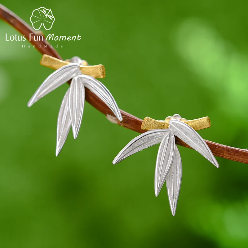 

Lotus Fun Moment Unusual Fresh Bamboo Leaves Stud Earrings for Women 925 Sterling Silver Original Jewelry Gift
