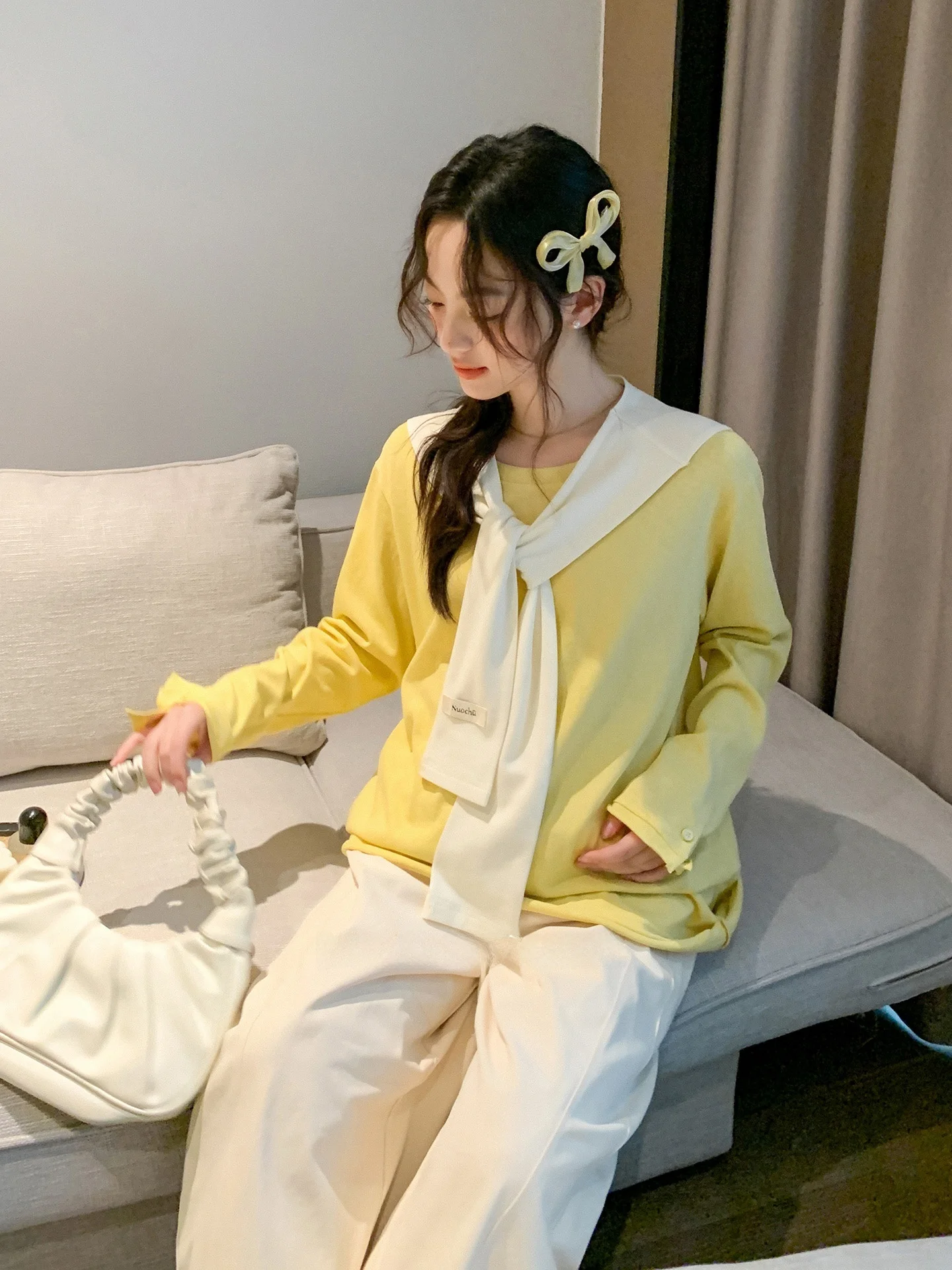 노추 한국 스타일 드로스트링 임산부 와이드 레그 팬츠 봄 가을 배꼽 지지 루즈 스트레이트 슬리밍 배 가리개 캐주얼 팬츠