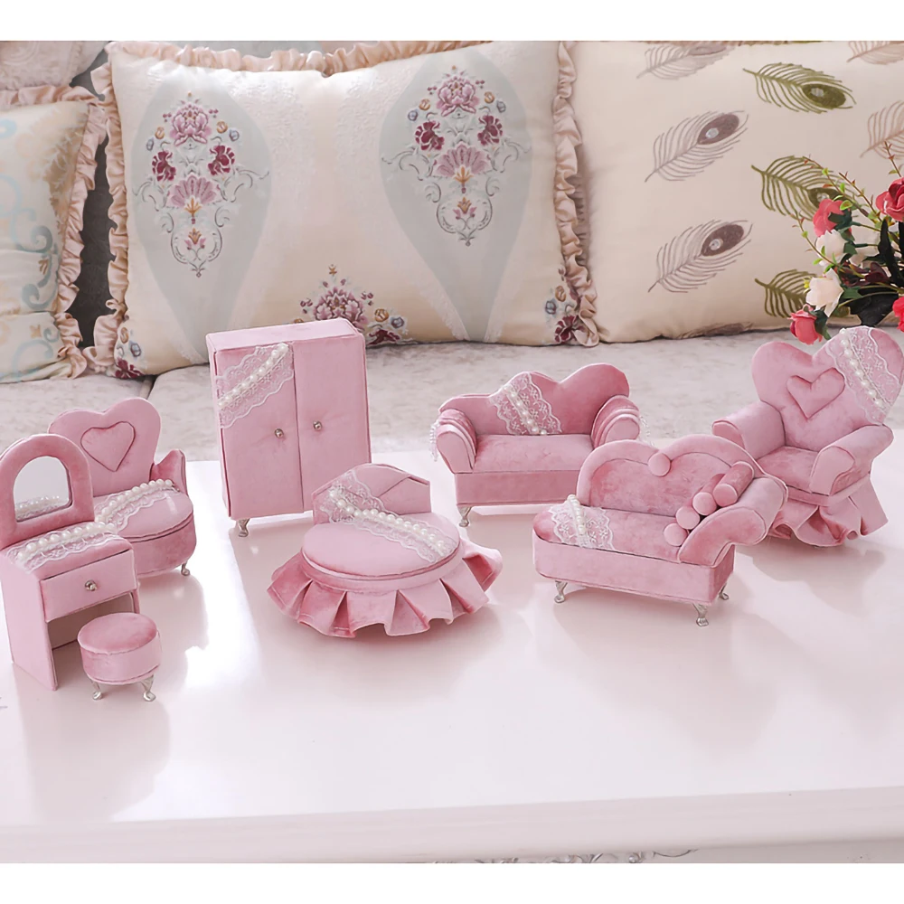 

Pearl Lace Furniture Jewelry Box Pink Flannel Sofa Jewelry Storage Box Necklace Earring Ring Case Organizer