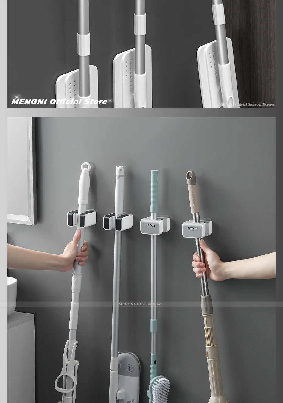 MENGNI Wall Mounted Mop Broom Holder Adhesive Multi-Purpose Hooks Broom Hanger Kitchen Bathroom Accessories Sets