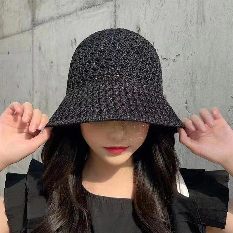 Outdoor Hiking Hat Bucket Hat Spring Summer Hollow Knitted Hat Solid Color Sunhat Fisherman Caps Casual Foldable Beach Cap