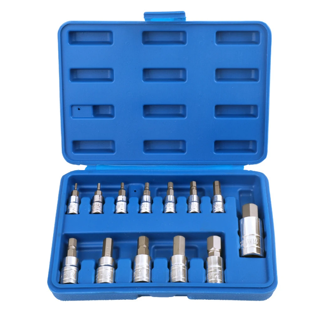 13pcs 1/4 3/8 1/2inch Drive Hex Bit Socket Set H2-H14 Metric Screwdriver Bit Sockets For Cars Trucks Socket Joint Hexagonal Tool