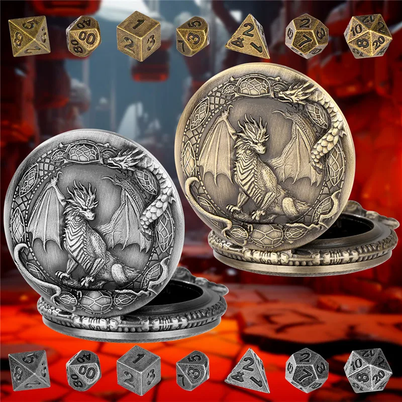 Taschenuhrengehäuse mit geschnitzten Drachenflügeln aus Bronze, 7-teiliges polyedrisches Würfelset aus Metall für Unterhaltung, Rollenspiele – Detail 5