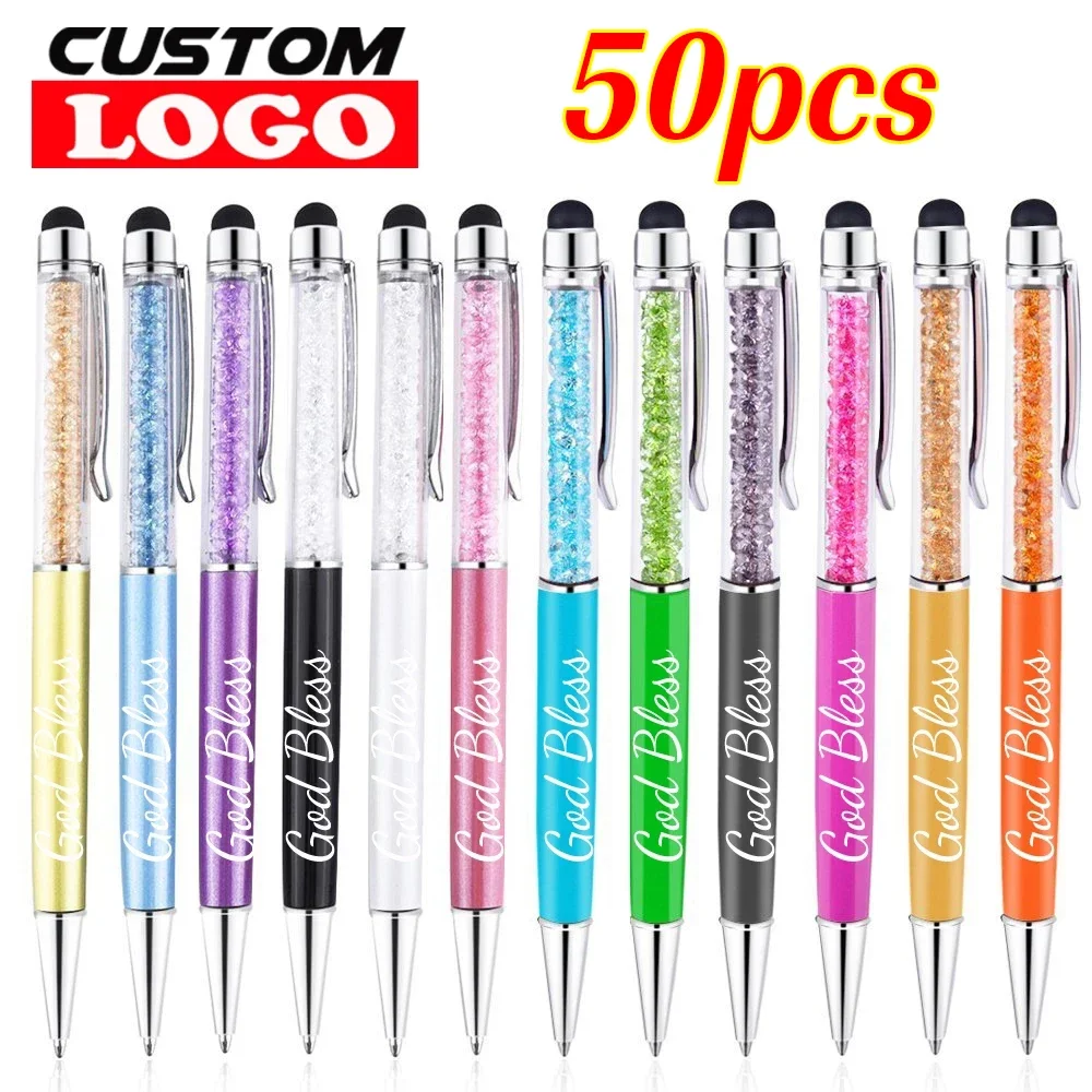 50pcs/Lot Touch Crystal Metal Ballpoint Pen Custom Logo Advertising Pen Writing Stationery Office Gift Pen School Free Engraved