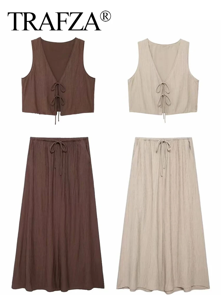 TRAFZA Elegant Women 2 Piece Set V-Neck Sleeveless Lace Up Texture Vest Top+Chic High Waist Drawstring Side Pockets Skirt TRAF
