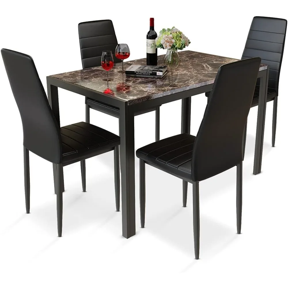 Furniture 5 Piece Faux Dining Set, Modern Kitchen Table Marble Top and High Chairs for Breakfast Nook Small Spaces
