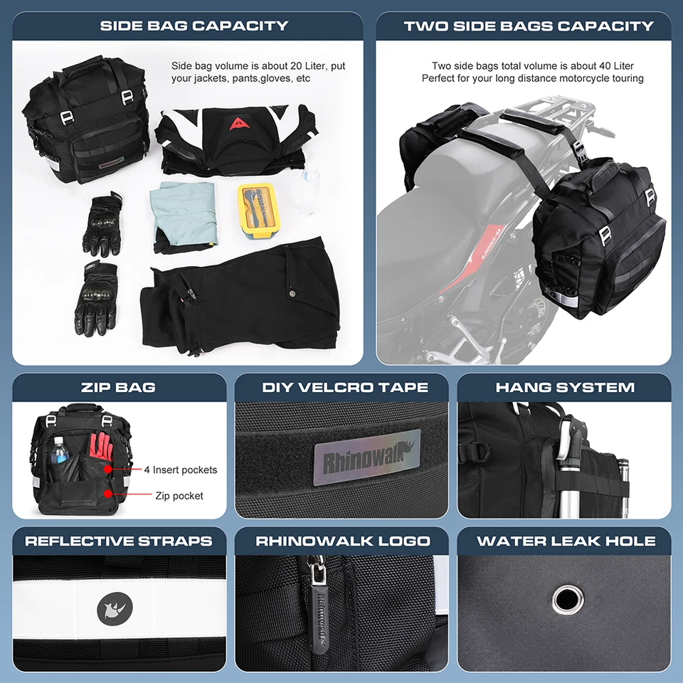 rhinowalk 防水サイドバッグとアクセサリーセット Rhinowalk-取り外し可能なサドルバッグ,内側と外側,防水,オートバイ用