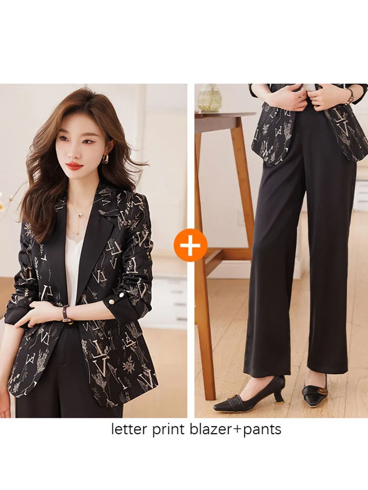 Tesco Autumn Women's Animal And Letter Print Blazer Pants Suit Black Formal Jacket Wide Leg Long Pants For Office Lady