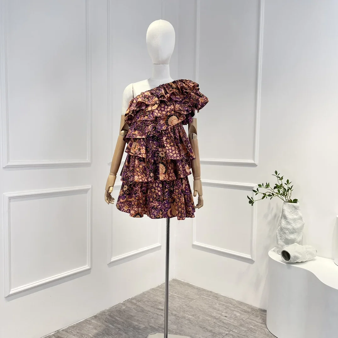 

2024 Spring New Arrival Summer Floral Printing Diagonal Shoulder Ruffles Beach Holiday Style Mini Dress Women