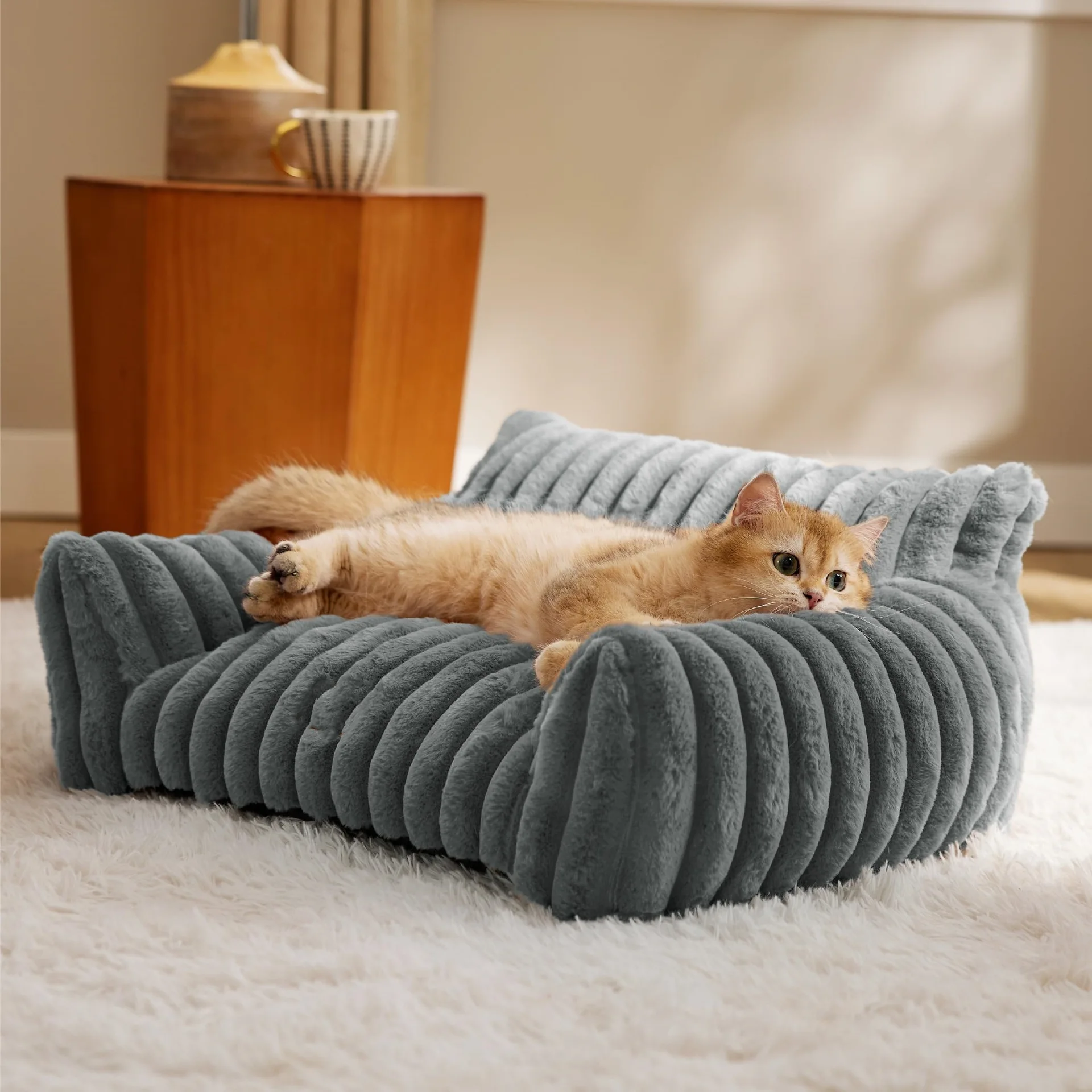 Fluffy Cat Sofa – Soft Corduroy Pet Bed with Removable Cover 2