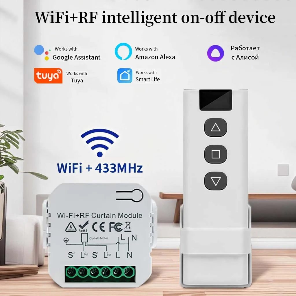 WiFi Smart Curtain Switch Tuya RF 433MHz Remote Control Alexa Google Home Voice Control