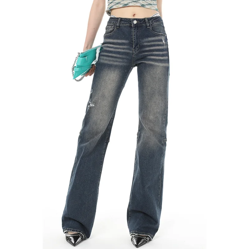 

Blue High Waisted Women Straight Jeans Design Streetwear Korean Fashion Vintage Summer Stretchy Mom Denim Trouser Flare Pants