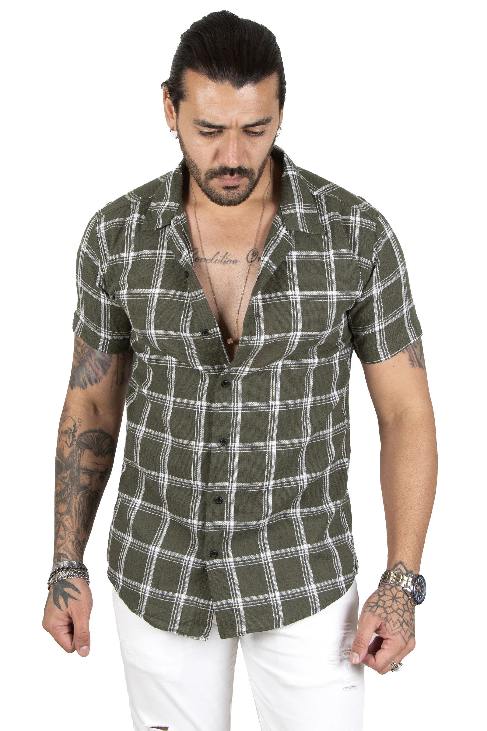 DeepSEA Plaid Patterned Tight Fit Short Sleeve Raw Linen Men Shirt 2201924