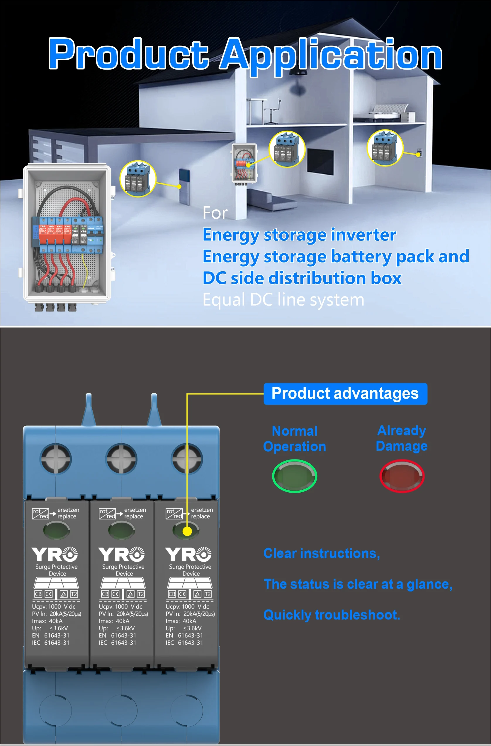DC SPD 2P 600V 3P 1000V 1500V House Surge Protector Protective 20KA~40KA T2 Type