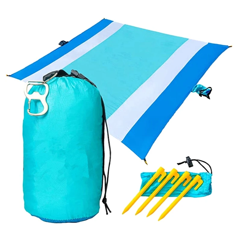 

Sand Travel Beach Blanket With Pocket - 84Inch X 108Inch Beach Mat With Ground Stakes Portable Blanket For Hiking,Picnic